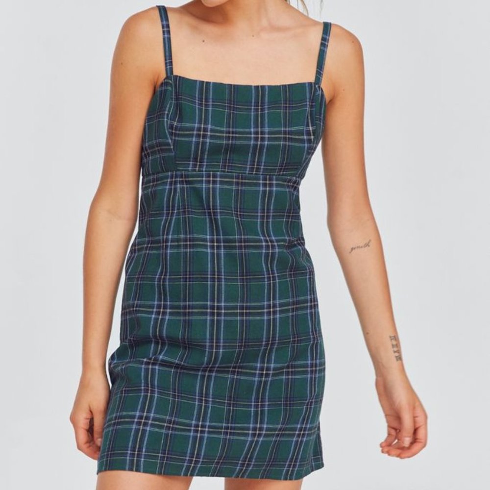 UO Straight Neck Green Plaid Mini Dress Sz.4 - Picture 12 of 13